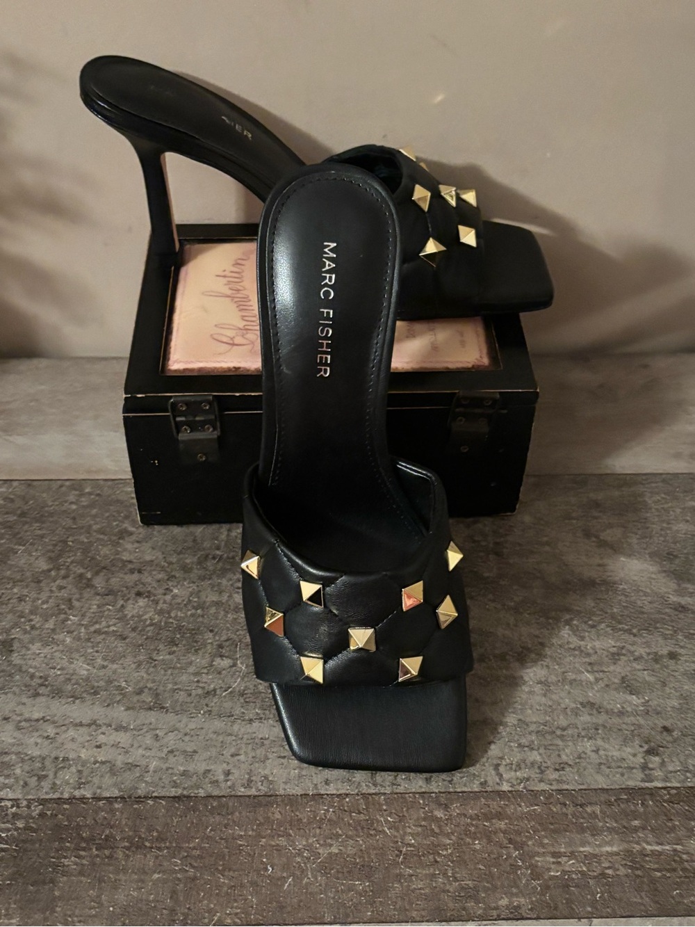 Marc Fisher Black Square-Toe Mule Heels with Gold Studs